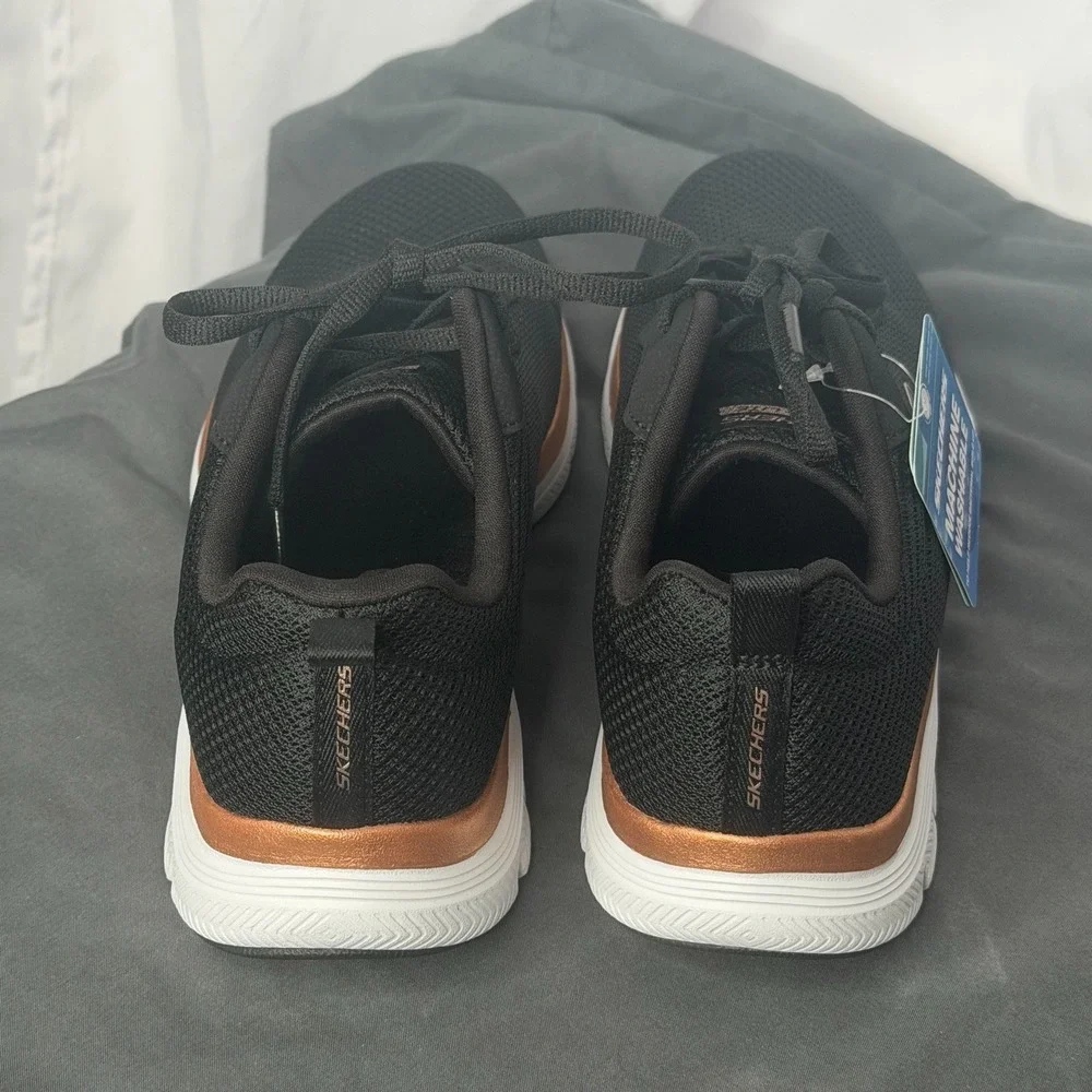 Skechers Flex Appeal 4.0 Black/Rose Gold Lace Up Sneakers. Sz. 7.5 NWT